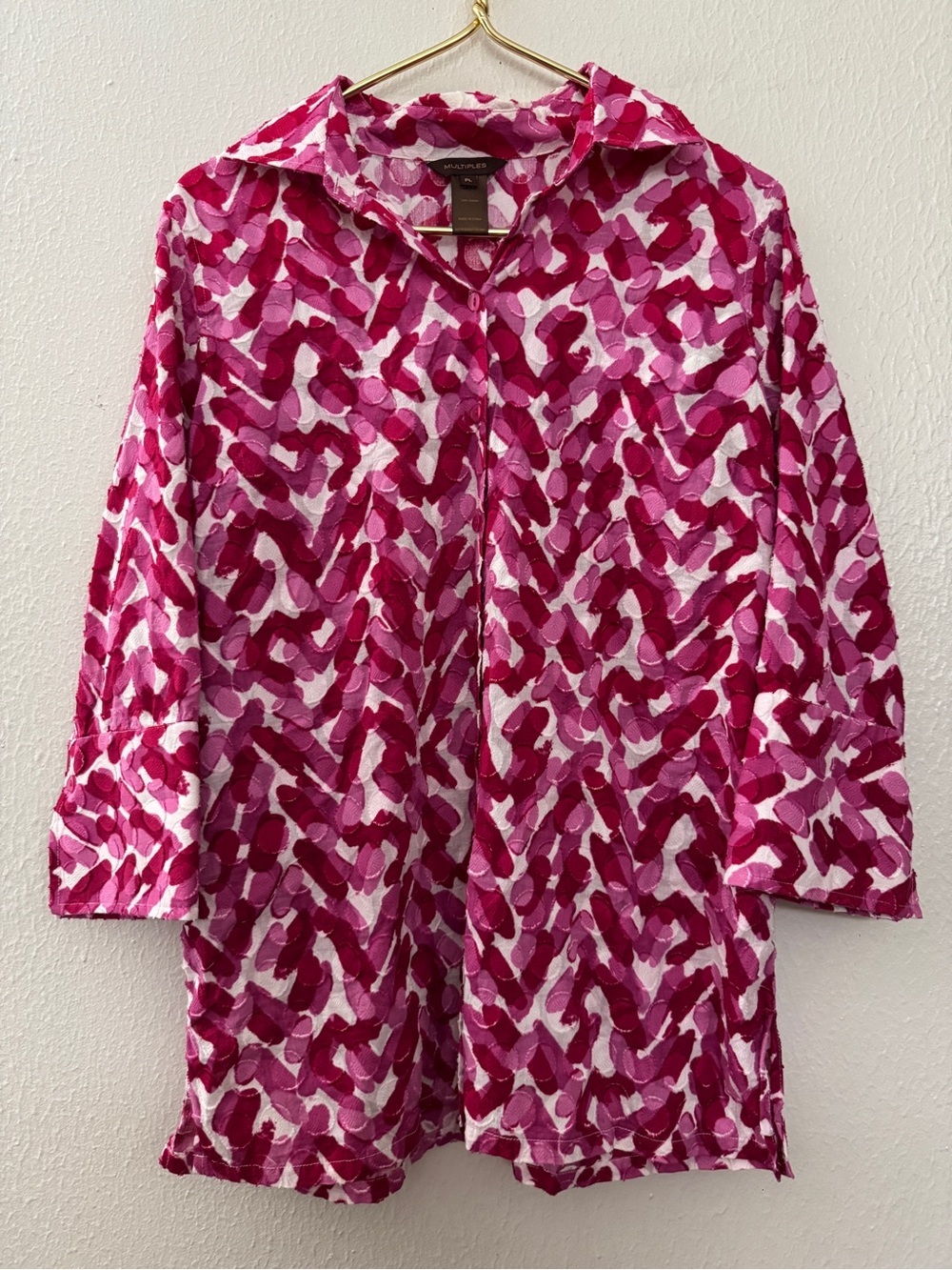 Multiples Women Top 3/4 Button Up Pink Red Casual Semi-sheer Summer Top